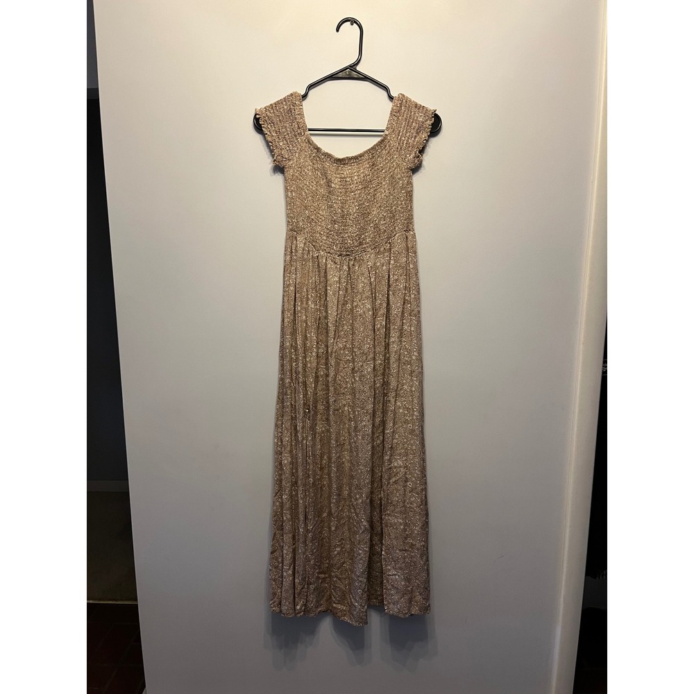 Floral Smocked Bodice Maxi Dress Brown Tan Cottagecore Rayon Size L